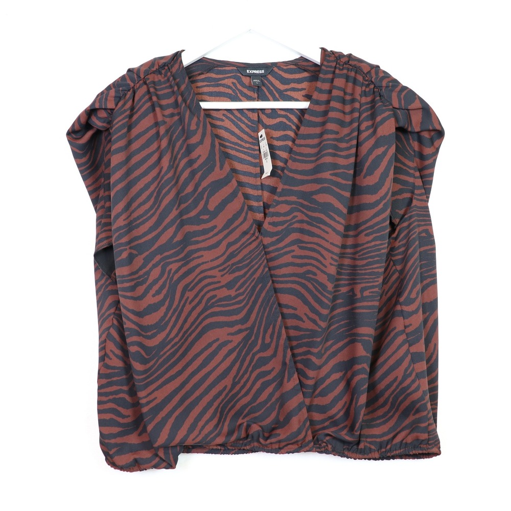 EXPRESS Brown Blue Zebra Animal Print Surplice V-Neck‎ Blouse XL NEW